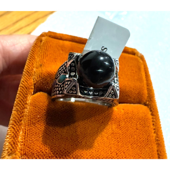 Stainless Steel Unisex Ring 7.5 Black Onyx Pearl Turquoise Statement Chunky - Picture 4 of 8